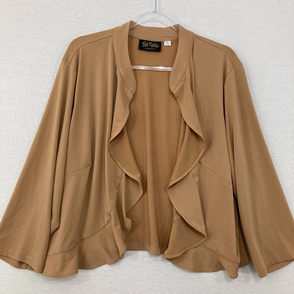 Bob Mackie size 3X Tan Brown Stretch Draped Open Front Cardigan Jacket Office